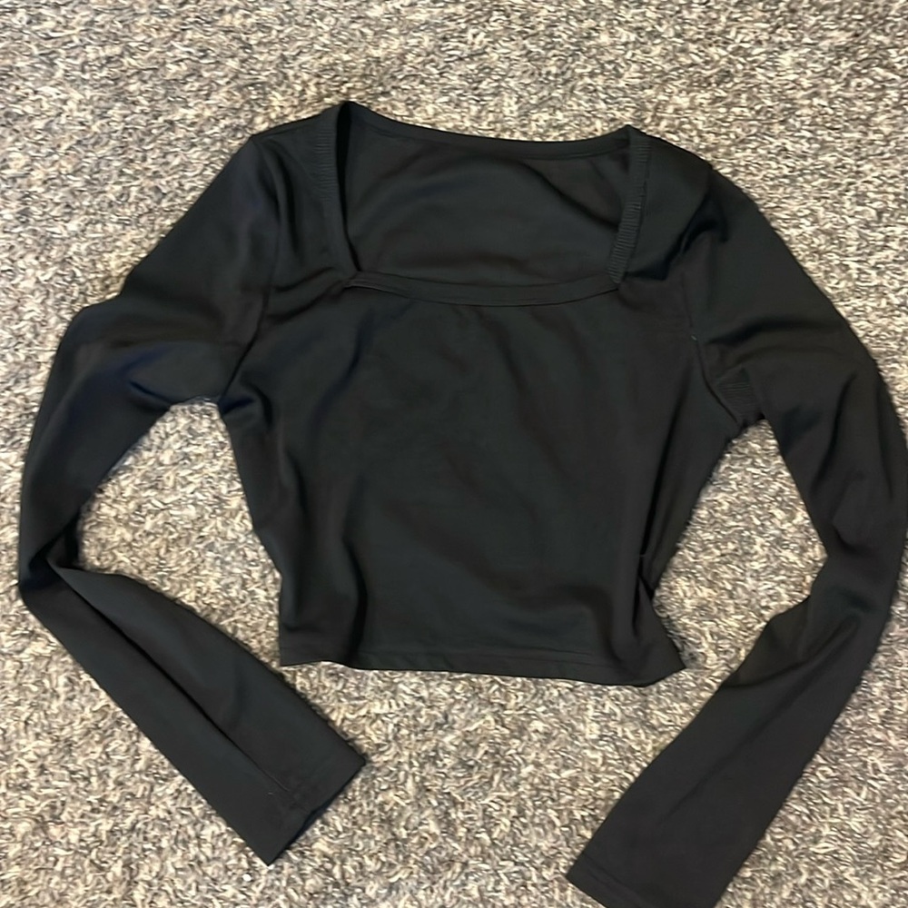 Fashionnova black long sleeve, ribbed, soft stretchy, square neck, lightly worn